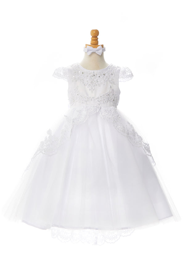 Big Girls White Sequin Beaded Lace Cap Sleeves Satin Communion Dress 7-20